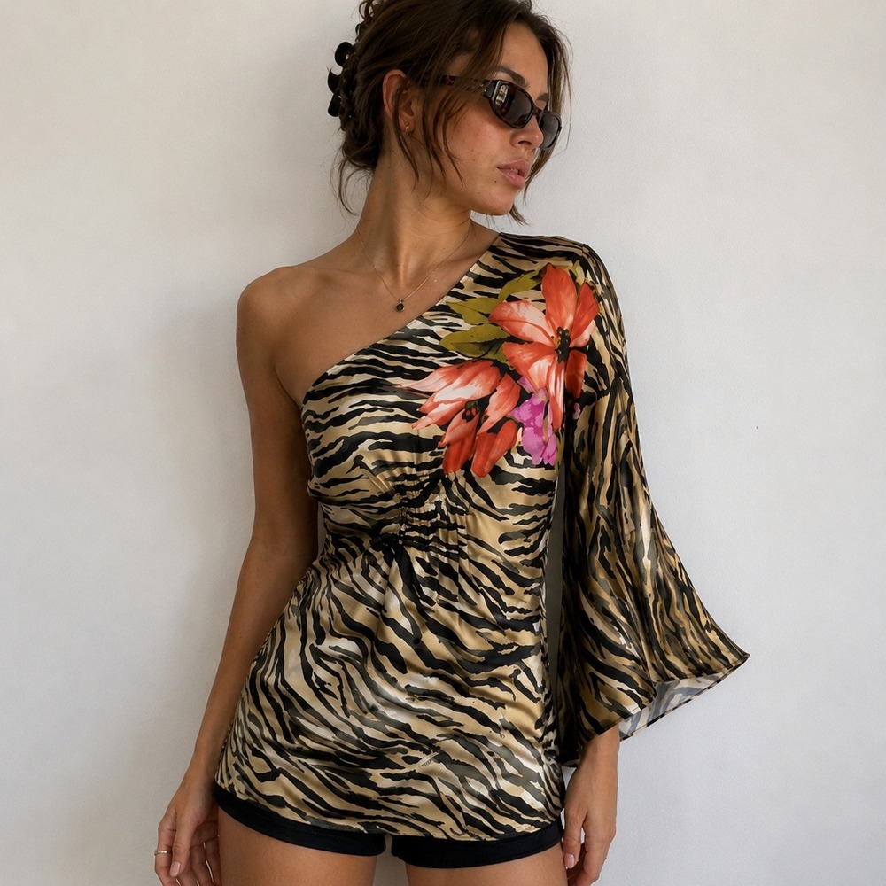 Vintage Y2K Cache One Shoulder Top Women M Silk Animal Print Mob 2000s Party